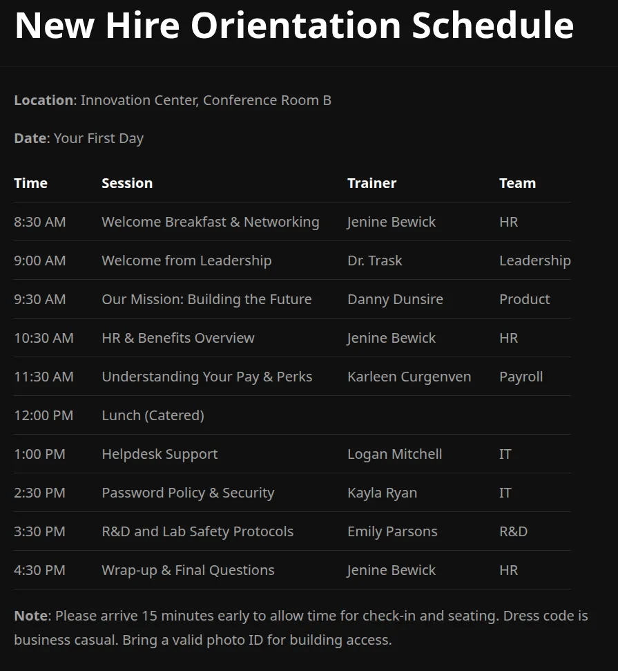 new hire orientation schedule